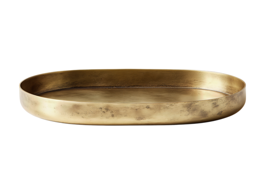 Shallow oval tray crafted in brushed brass with a soft rolled rim, gentle inner curve and light patina specks, elegant metallic texture, isolated on transparent background.
