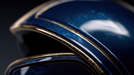 Close up of a dark blue and gold helmet with shiny details