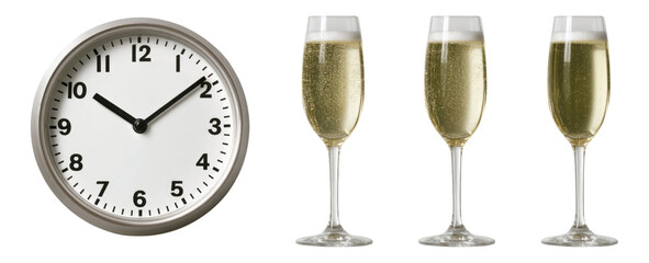 Clock and Champagne Flutes with Sparkling Beverage Isolated