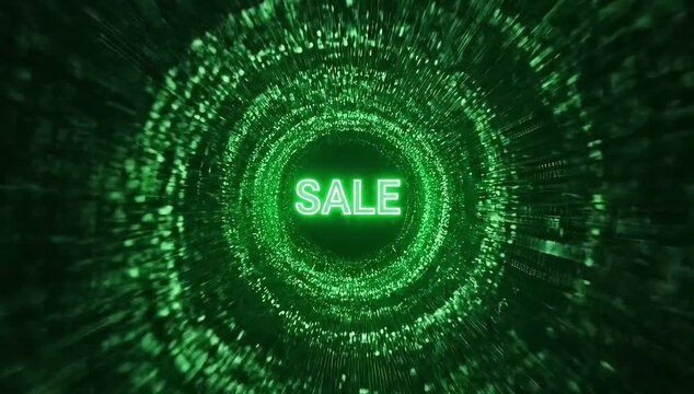 The checkout button after clicking converting to Bright green 'SALE' text glowing in a futuristic digital tunnel of light particles