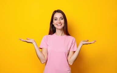 Photo of cute adorable woman dressed pink t-shirt holding comparing arms empty space isolated yellow color background. High quality