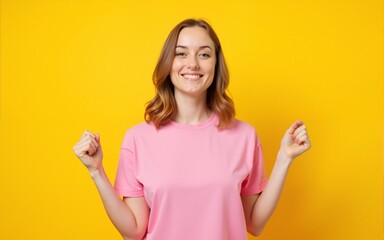 Photo of cute adorable woman dressed pink t-shirt holding comparing arms empty space isolated yellow color background. High quality