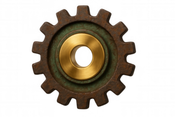 Industrial rusty cogwheel with brass core, showing vintage mechanical engineering and steampunk design on transparent background