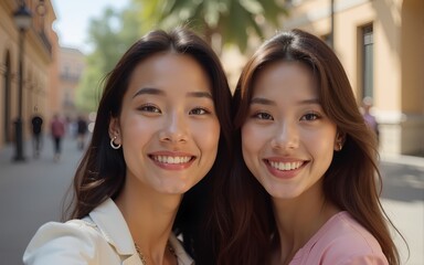 Portrait of two beautiful asian fashionable women taking selfie. High quality