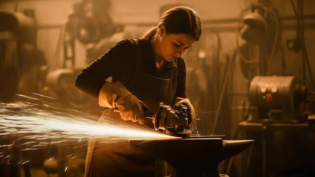woman grinding metal sparks industrial workshop