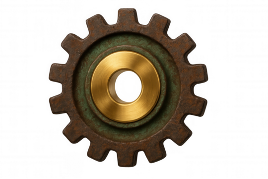 Industrial rusty cogwheel with brass core, showing vintage mechanical engineering and steampunk design on transparent background