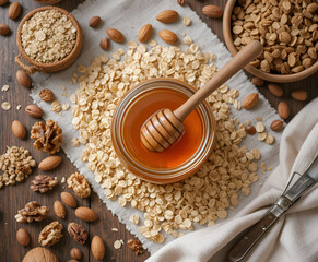 flatlay of honey jar with dipper, rolled oats, walnuts, almonds, and linen napkin