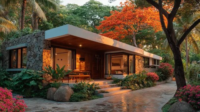 Harmony of Nature and Residence: An elegant home artfully integrates with its natural surroundings. The exterior boasts a stunning blend of architectural design with verdant foliage.