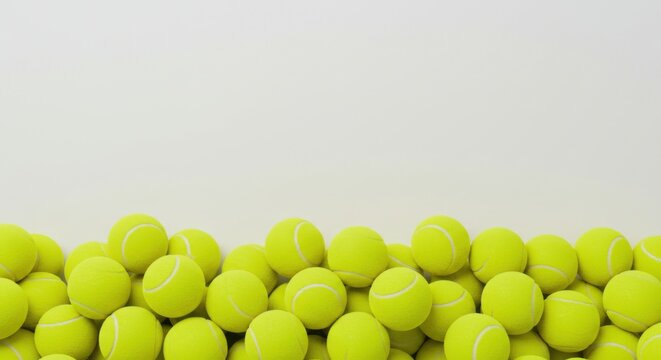 Horizontal studio shot of a large collection of neon yellow tennis balls creating a bottom border with copy space