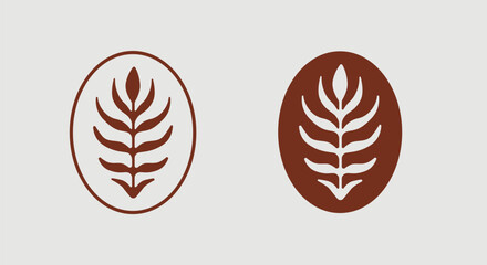 Framed botanical leaf vector logo in brown tones, ideal for organic, modern and vintage-themed graphic design.