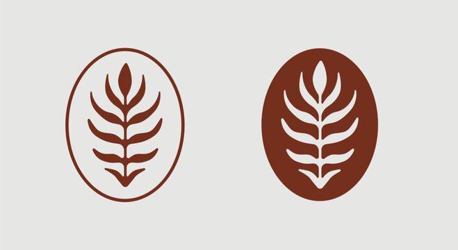 Framed botanical leaf vector logo in brown tones, ideal for organic, modern and vintage-themed graphic design.