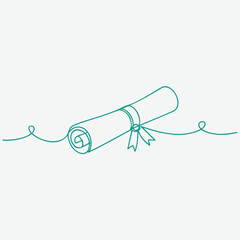 Obraz premium Minimalist Line Drawing of a Rolled Diploma with Ribbon and Decorative String for Graduation or Achievement Celebration