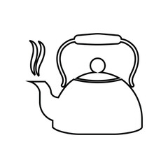 Outline drawing shows a boiling kettle with steam coming from spout on white background