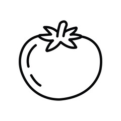 Outlined tomato with leaves shows fresh produce against a white background