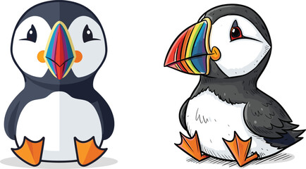 Cute cartoon puffins with colorful beaks sitting, vector illustration of seabirds, perfect for kids, animals, wildlife, and education.
