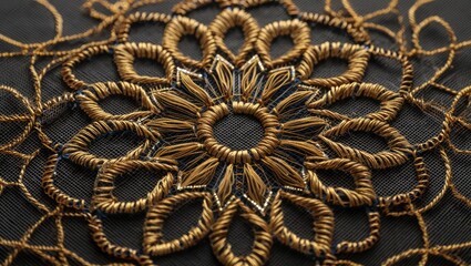 Golden rope woven into a symmetrical ornamental mandala pattern, viewed in close detail, intricate and luxurious craftsmanship. Generative AI.
