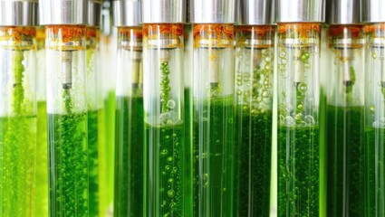 Glass test tubes filled with vivid green algae cultures in laboratory setting. Renewable energy research concept. Generative AI.