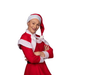 Mature woman smiling wearing santa claus costume