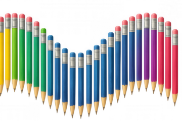 Colorful pencils forming a vibrant wave pattern, arranging in a rainbow color gradient, on transparent background