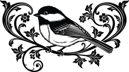 Elegant chickadee bird perched on decorative floral branch with swirling vines, botanical leaves, and vintage nature-inspired black and white illustration
