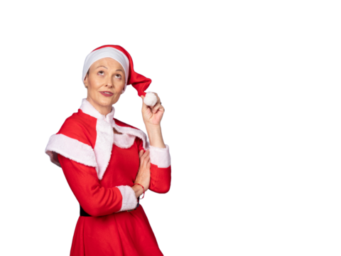 Woman in santa costume looking up thinking - Powered by Adobe