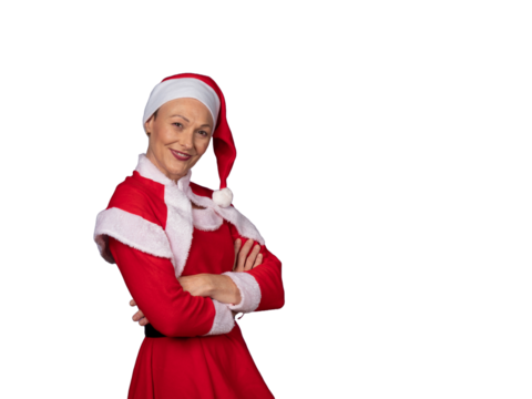 Mature woman smiling wearing santa claus costume