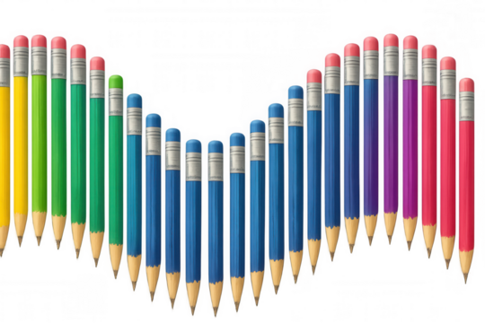 Colorful pencils forming a vibrant wave pattern, arranging in a rainbow color gradient, on transparent background