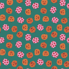 Pumpkins on green retro Halloween seamless pattern design