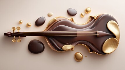 Chocolate violin and artistic gold accents on neutral background