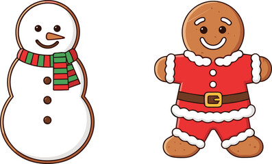 Festive Christmas Cookies Vector Illustration Featuring Snowman and Gingerbread Man in Holiday Outfits for Seasonal Baking and Celebration Themes