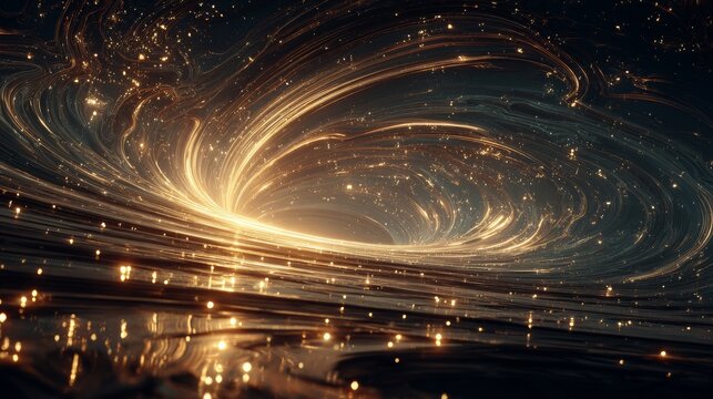Golden spiral light tunnel with glowing particles, abstract cosmic swirl background symbolizing time, motion, and futuristic energy.