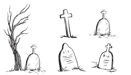 Collection of tombstone and cross and tree line art ink vectors, perfect for Halloween, cemetery, death, or gothic-themed hand drawn illustrations, posters, cards, and spooky design elements.