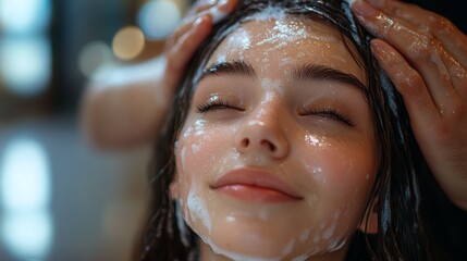 Close-up of a girl's face with shampoo foam on her hair and skin, eyes closed, relaxed expression. Suitable for advertising cosmetics, beauty treatments, spas, articles about relaxation and skin care.