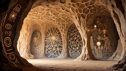 Fantasy cave interior with carved organic walls and glowing openings. Surreal environment. Generative AI.