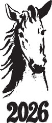 Black silhouette of a horse's head on a white background. The symbol of the year 2026. Vector