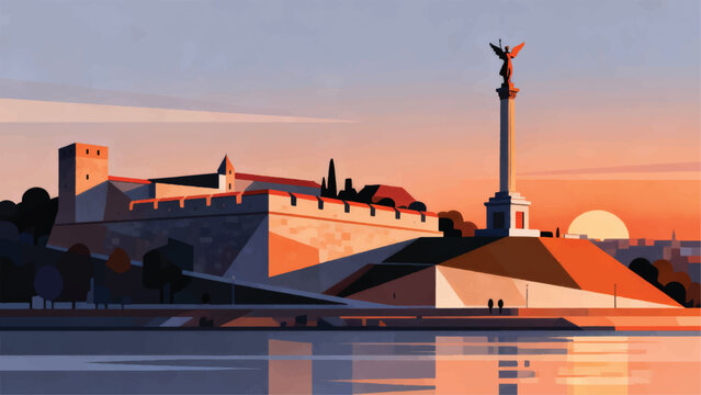 Illustration Of Kalemegdan Fortress, Evening Atmosphere On The River Bank With The Towering Pobednik Statue Vector Design Template