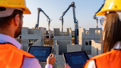 Construction engineers using tablets at building site with cranes. Modern project management. Generative AI.