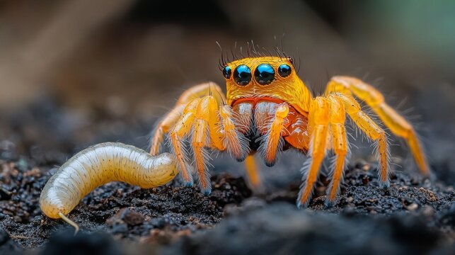 Close-up of a bright orange spider with large eyes and hairy legs hunting a larva.
Emphasizes themes of nature, biodiversity, predators and their prey,  