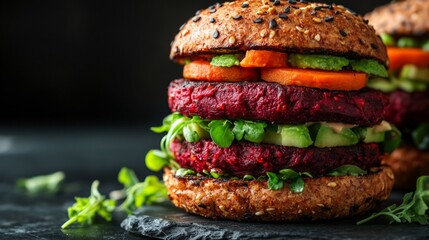 Delicious vegetarian burger with red patties and fresh vegetables, useful for cooking blogs, healthy eating advertising, restaurant menus.