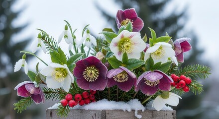 A close-up of hellebore and snowdrop flowers adorned with frost and red berries nestled in a wooden planter with snow set against a blurred winter backdrop