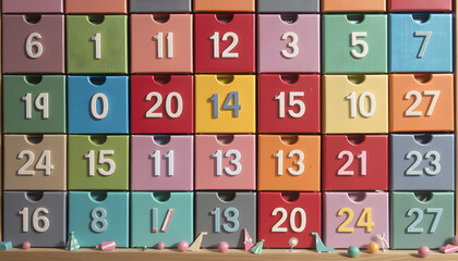 advent calendar pastel boxes, countdown numbers, festive layout