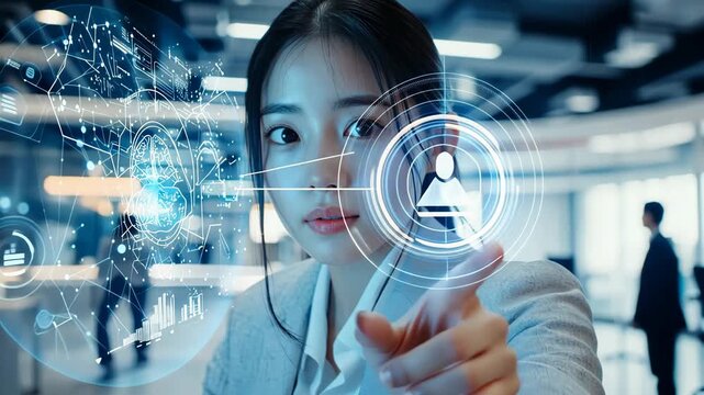 Woman scientist in hightech workspace that uses advanced technology and data visualization tools to boost productivity and collaboration among creative professionals and teams across various fields - Powered by Adobe