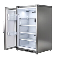 Open sleek stainless steel refrigerator appliance design on transparent background