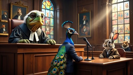 Anthropomorphic animals dressed as lawyers in a courtroom scene with judge and jury. Whimsical storytelling art. Generative AI.