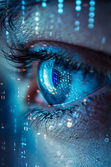 Digital Eye: A close-up view of an eye with digital overlay, suggesting the convergence of technology and human vision. The eye is filled with data streams and code. © SirArbusto