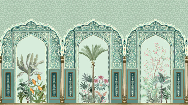 Traditional Mughal Garden Illustrationl, Mughal Wall Mural,Mughal Arch, Tropical Tree.