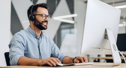 Cheerful customer service agent providing excellent support with headset in modern office setting, radiating professionalism and helpfulness online