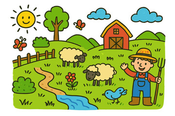 Naklejka premium Countryside Doodle Scene. Countryside Pasture. Colorful Hand-drawn doodle Children illustration sheep, tree, fence, barn, grass, flower, butterfly, sun, cloud,