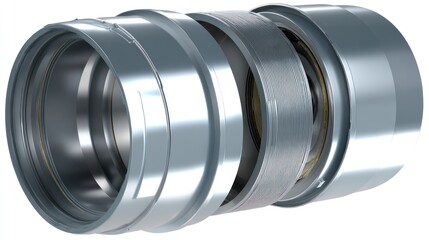 Metallic cylindrical object with internal rings isolated on white background