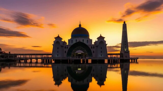 Stunning view of the malacca straits mosque at sunset, with its reflection shimmering in the calm waters below